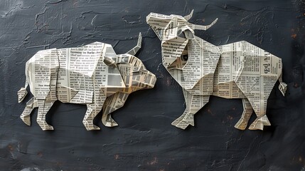 Bull and bear made of newspaper with charts on dark grey background
