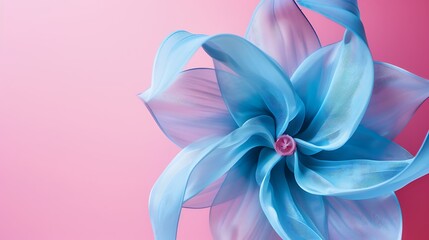 Close up view of a blue pinwheel on pink background the composition