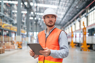 Portrait of a confident engineer in a train maintenance center