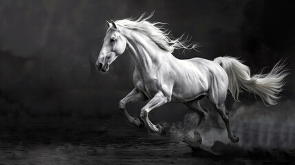 A graceful white horse strong clearly muscular on a black abstract background..