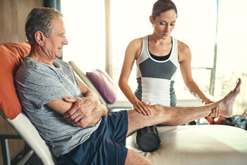 Old man, physiotherapy and legs treatment for joint pain for accident rehabilitation, massage or...