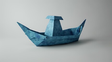 Folded paper origami blue ship with shadow on grey background