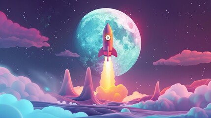 surreal bitcoin rocket flying to the moon cryptocurrency investment concept illustration