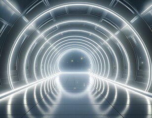 Futuristic sci fi bacgcround. White neon lights glowing in a room with concrete floor with reflections of empty space. Alien, Spaceship, Future, Arch. Progress. 3d illustration