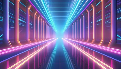 Abstract flying in futuristic corridor background, fluorescent ultraviolet light, mirror lines laser neon lines, geometric endless tunnel, 3d illustration, blue pink spectrum