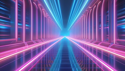 Abstract flying in futuristic corridor background, fluorescent ultraviolet light, mirror lines laser neon lines, geometric endless tunnel, 3d illustration, blue pink spectrum