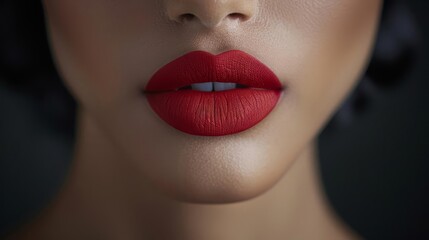 Detailed closeup of a model s lips with a bold lipstick color
