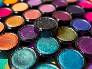 Detailed shot of vibrant eyeshadow palettes with colorful backgrounds