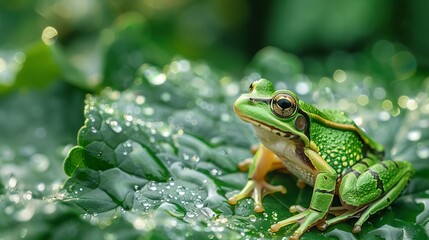 emerald green frog perched on glistening wet leaf vibrant amphibian wildlife closeup photo