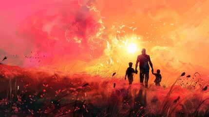 Fototapeta premium silhouette of black family walking in vibrant pink sunset field digital painting