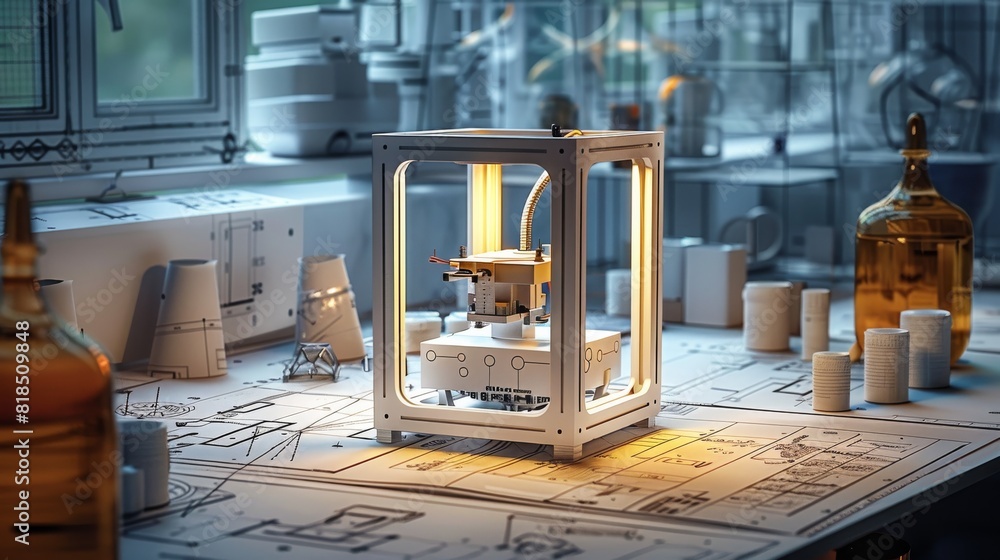 Fototapete A sleek 3d printer stands prominently amidst a sea of meticulously arranged blueprints and sketches, showcasing the seamless integration of technology and design. Generative AI.