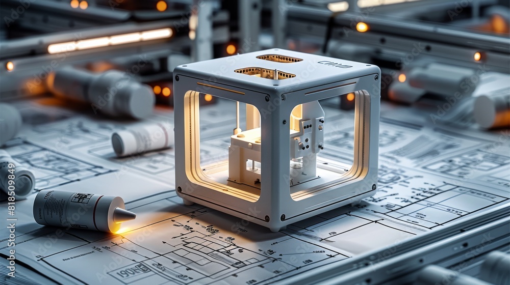 Leinwandbilder a sleek 3d printer stands prominently amidst a sea of meticulously arranged blueprints and sketches,
