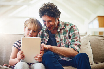 Home, dad and girl with tablet on sofa with smile for elearning, child development and knowledge...