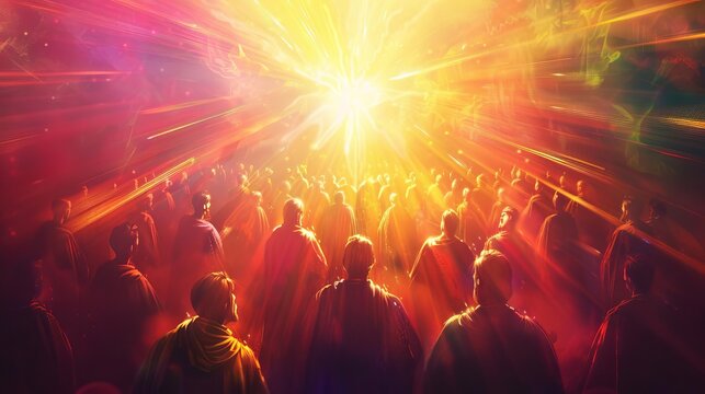 pentecost the descent of the holy spirit on the apostles vibrant digital illustration with glowing light rays