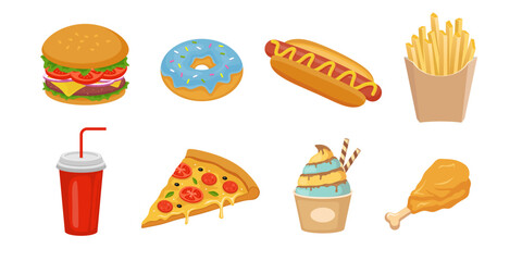 collection of junk food elements in flat style