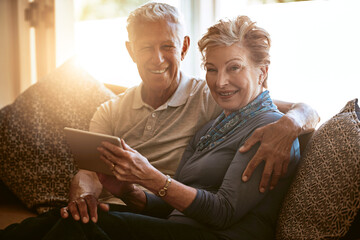 Mature couple, portrait and tablet for watch, digital and online for search, information and show...