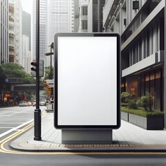 Blank white vertical advertising banner billboard stand on the sidewalk at night