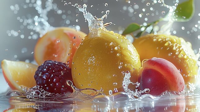 A bayberries and peaches and green plums and lemons with delicate water droplets, light background, juice splashes. Generative AI.