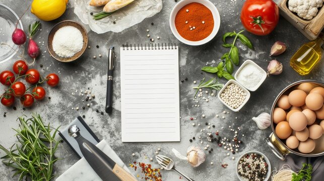 A kitchen countertop with assorted ingredients laid out for meal preparation, alongside a notepad and pen for jotting down personalized nutrition plan recommendations, with blank space on the notepad