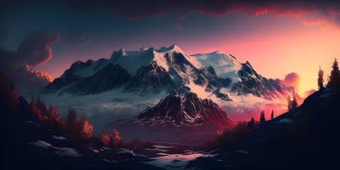 Majestic SnowCapped Mountain Range at Vibrant Cinematic Sunset Telephoto Capturing Intricate Textures