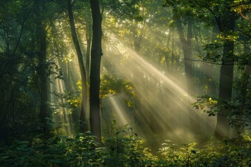 Sunbeams Filtering Through Forest Trees
