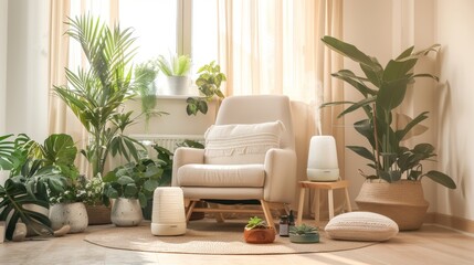 A cozy corner of a living room transformed into a wellness nook with indoor plants, a comfortable chair, and essential oil diffusers, featuring blank space for text or graphics