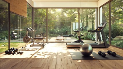 A modern home gym setup with sleek fitness equipment, large windows allowing natural light, and a clean, uncluttered space, leaving room for copy space