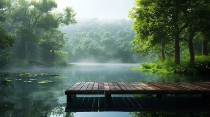A serene lakeside scene with lush greenery, a wooden dock, and a peaceful meditation area, offering ample copy space for promoting mindfulness retreats