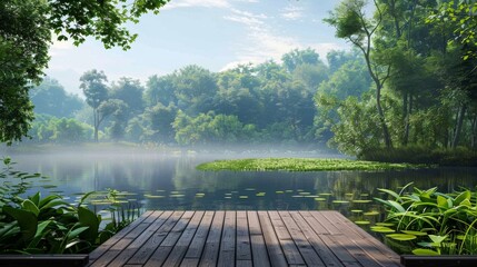 A serene lakeside scene with lush greenery, a wooden dock, and a peaceful meditation area, offering ample copy space for promoting mindfulness retreats