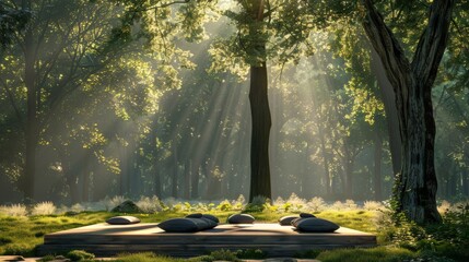 A tranquil forest clearing with soft sunlight filtering through the trees, featuring a yoga platform and cushions for meditation, ideal for advertising mindfulness retreats with blank space for text