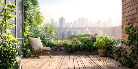 Stylish balcony home terrace with city background.