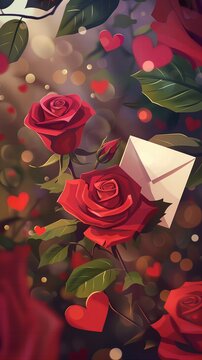 Romantic Valentine's Day Poster with Red Roses, Love Letter, and 'Smiles' Tag, AI-Generated in Lightstock Style, Deep Colors, Warm Lighting, Commercial Photography