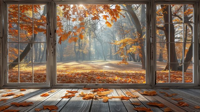 A rustic room with a window showing an autumnal park scene, where trees are heavy with orange and brown leaves, gently falling with the breeze. Generative AI.