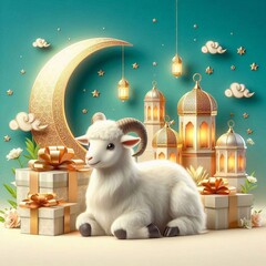 Eid al Adha Poster Design with Sheep and Mosque. Festival of Sacrifice 