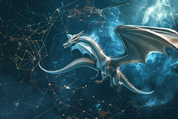 A sleek dragon with elegant curves, soaring through a dark blue background with interconnected circuits, lines, and nodes that represent a neural network.