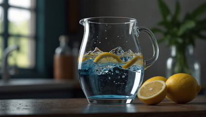 A glass pitcher is sitting on a table. The pitcher is about half full of water and there are lemon slices in the water. There is a whole lemon sitting on the table next to the pitcher.

