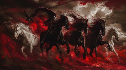 ominous four horsemen of the apocalypse white for conquest red for war black for famine pale for death digital painting