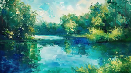 Fototapeta na wymiar serene lake surrounded by lush trees tranquil nature landscape impressionist painting