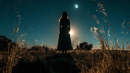 Silhouette of a woman standing in a field at night, gazing at the moon and stars, with a serene landscape in the background.