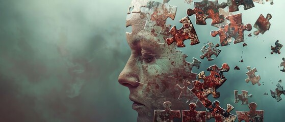 Surreal digital artwork of a disintegrating human face made up of puzzle pieces, symbolizing mental health and fragmentation.