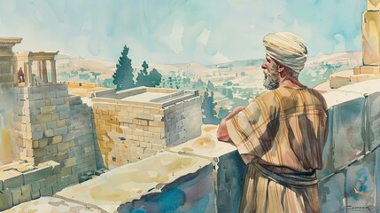 Obraz premium ezra overseeing the rebuilding of the temple in jerusalem old testament watercolor illustration bible story art