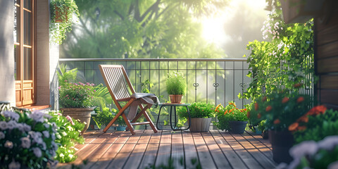 
Terrace with potted plants and flowers. A beautiful sunny balcony or terrace featuring stylish chairs and natural material decorations
