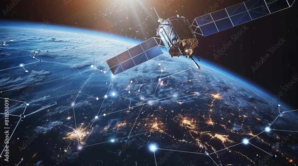 Poster futuristic telecom communication satellite orbiting earth with holographic data for global connectiv