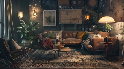 cozy living room with a leather couch, coffee table, and plants. There is a lamp on the side table and a fern print on the wall.