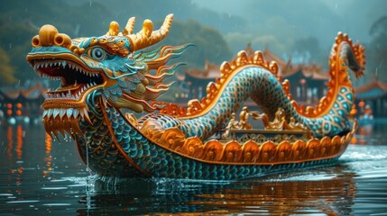 Obraz premium Clean, elegant dragon boat on still water during Dragon Boat Festival