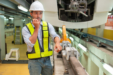 Engineers check the readiness of electric train tracks at the maintenance factory.