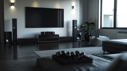 dark living room with a large TV, speakers, and a sofa.