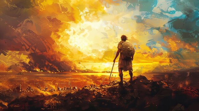 triumph of david over goliath in dramatic sunset battlefield oil painting illustration