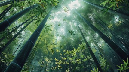 Deep bamboo forest, strong sense of space, falling bamboo leaves. Generative AI.