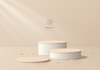 3D product podium set background in beige with beads ball decorate. Abstract composition in minimal design. 3D Studio showroom product pedestal, Fashion showcase mockup scene. Vector showcase design.